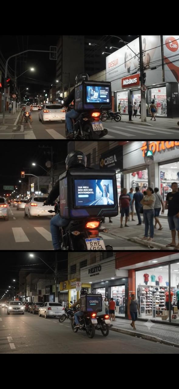 Moto COSMOS com painel de LED circulando à noite pelas ruas de Manaus